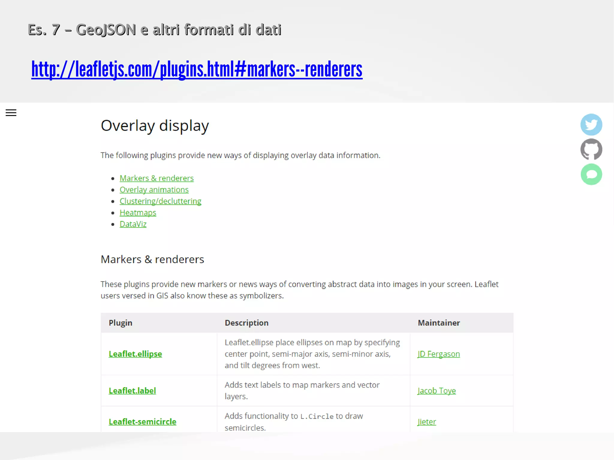 Es. 7 – GeoJSON e altri formati di datiEs. 7 – GeoJSON e altri formati di dati
http://leafletjs.com/plugins.html#markers--renderers
 