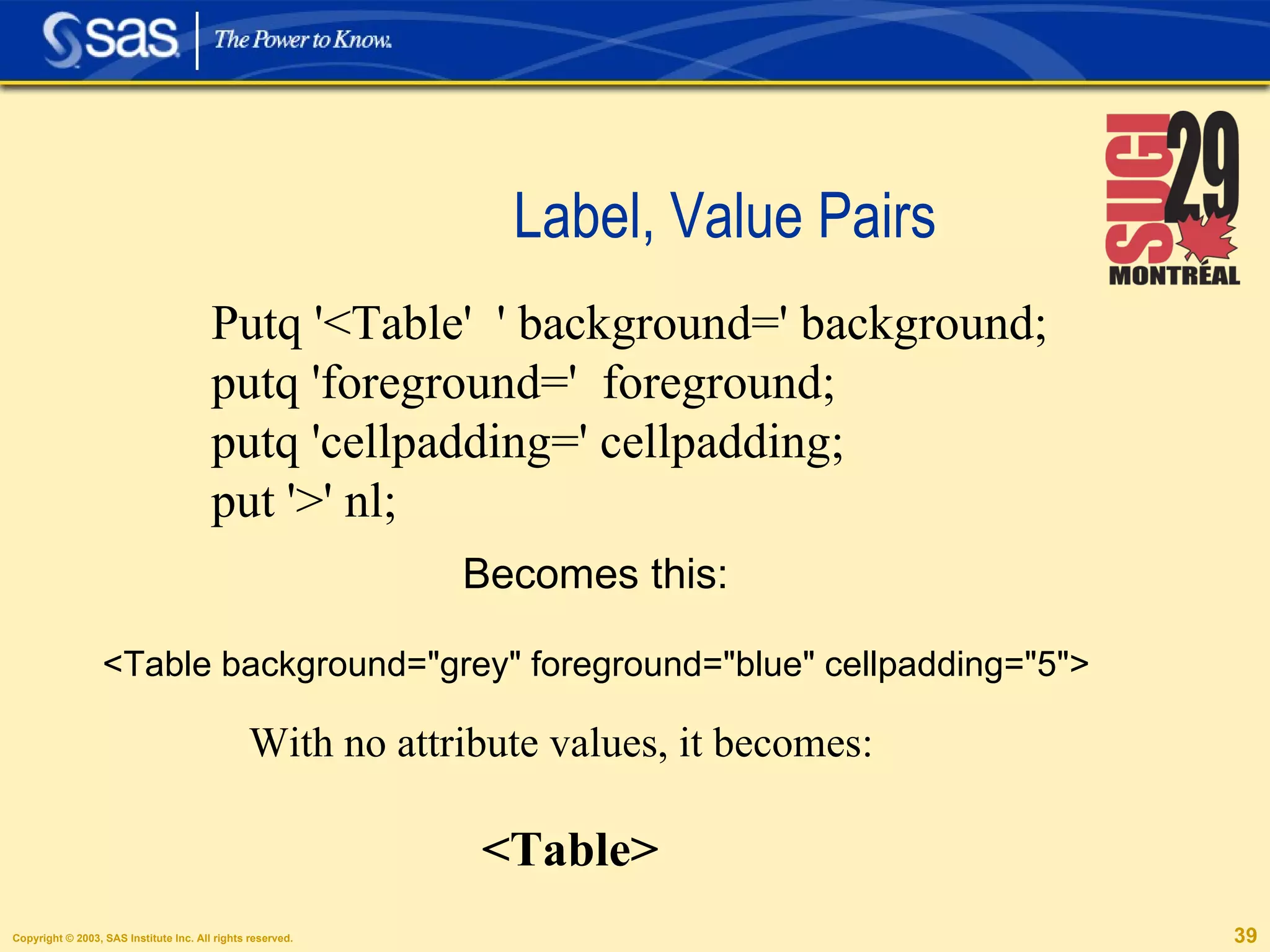 Label, Value Pairs Becomes this: <Table background="grey" foreground="blue" cellpadding="5"> Putq '<Table'  ' background=' background; putq 'foreground='  foreground; putq 'cellpadding=' cellpadding; put '>' nl; With no attribute values, it becomes: <Table> 