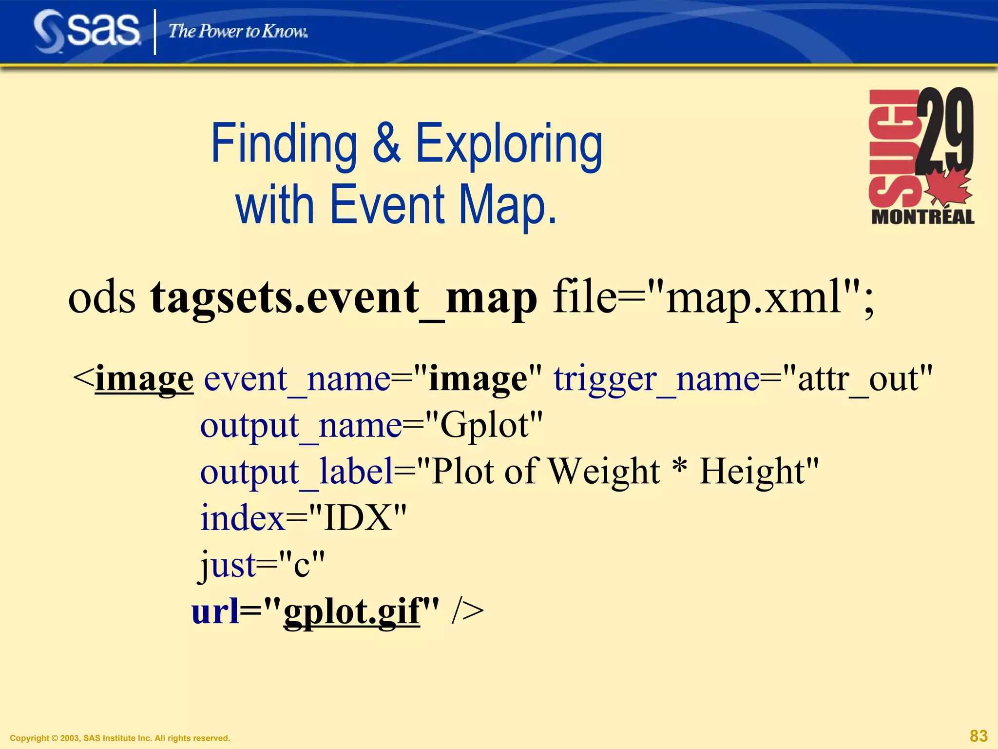 Finding & Exploring    with Event Map.  ods  tagsets.event_map  file="map.xml"; < image   event_name =" image "  trigger_name ="attr_out" output_name ="Gplot"  output_label ="Plot of Weight * Height"  index ="IDX"  j ust ="c"  url =" gplot.gif "  /> 