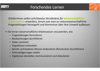 Forschendes Lernen

SchülerInnen sollen schrittweise Verständnis für wissenschaftliche
Arbeitsweisen erwerben, lernen wie man an naturwissenschaftliche
Fragestellungen herangeht und Kenntnisse über ihre Umwelt aufbauen.

Sie lernen wissenschaftliche Arbeitsweisen anzuwenden, wie:
 – Fragestellungen formulieren
 – Beobachtungen durchführen
 – Daten sammeln
 – Hypothesen entwickeln
 – bereits vorhandenes Wissen einbeziehen (Recherchen durchführen)
 – Schlussfolgerungen ziehen
 – Ergebnisse darstellen, kommunizieren und diskutieren
 