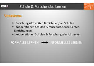 Schule & Forschendes Lernen

Umsetzung:

      Forschungsaktivitäten für Schulen/ an Schulen
      Kooperationen Schulen & Museen/Science Center-
     Einrichtungen
      Kooperationen Schulen & Forschungseinrichtungen

   FORMALES LERNEN            INFORMELLES LERNEN
 
