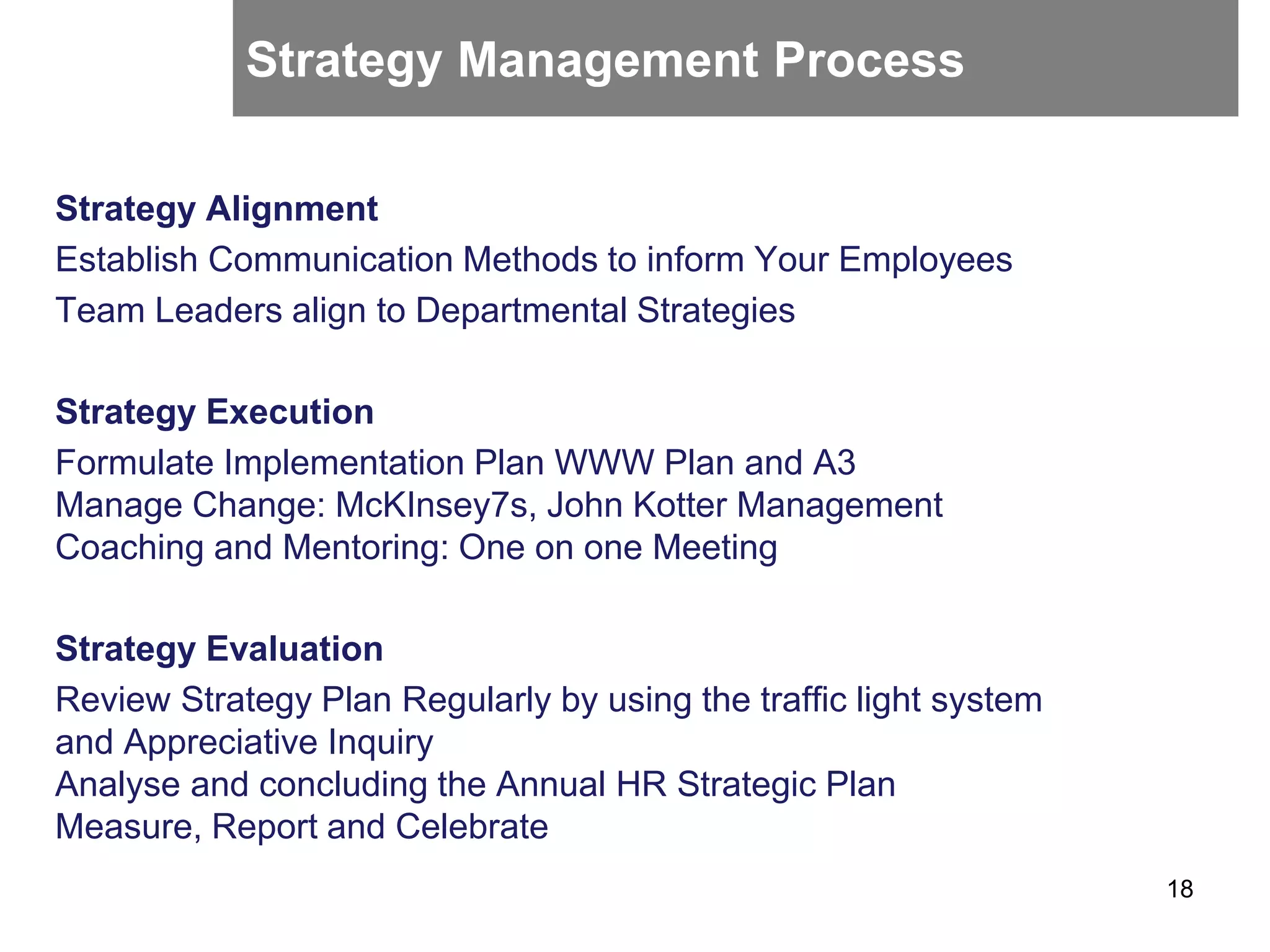 Strategy Alignment
Establish Communication Methods to inform Your Employees
Team Leaders align to Departmental Strategies
Strategy Execution
Formulate Implementation Plan WWW Plan and A3
Manage Change: McKInsey7s, John Kotter Management
Coaching and Mentoring: One on one Meeting
Strategy Evaluation
Review Strategy Plan Regularly by using the traffic light system
and Appreciative Inquiry
Analyse and concluding the Annual HR Strategic Plan
Measure, Report and Celebrate
18
Strategy Management Process
 