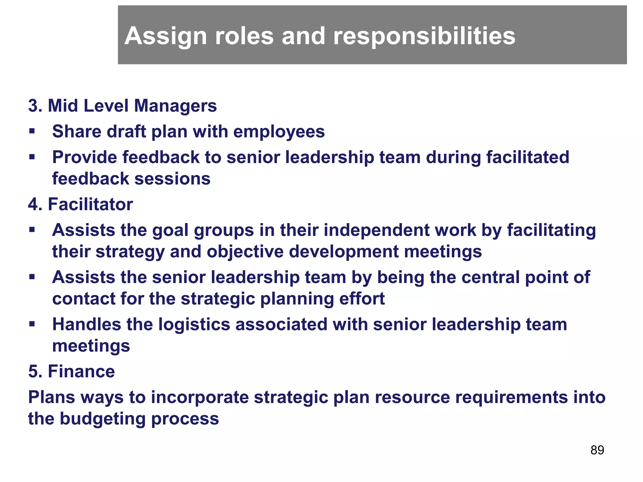 Assign roles and responsibilities
3. Mid Level Managers
 Share draft plan with employees
 Provide feedback to senior leadership team during facilitated
feedback sessions
4. Facilitator
 Assists the goal groups in their independent work by facilitating
their strategy and objective development meetings
 Assists the senior leadership team by being the central point of
contact for the strategic planning effort
 Handles the logistics associated with senior leadership team
meetings
5. Finance
Plans ways to incorporate strategic plan resource requirements into
the budgeting process
89
 
