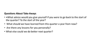 Reflection – Second Method
Questions About Take-Aways
• •What advice would you give yourself if you were to go back to the start of
the quarter? To the start of the year?
• What should we have learned from this quarter a year from now?
• Are there any lessons for you personally?
• What else could we do better next quarter?
 