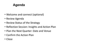 Agenda
• Welcome and connect (optional)
• Review Agenda
• Review Status of the Strategy
• Reflection Session: Insights and Action Plan
• Plan the Next Quarter: Date and Venue
• Confirm the Action Plan
• Close
 