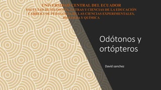 Odótonos y
ortópteros
David sanchez
UNIVERSIDAD CENTRAL DEL ECUADOR
FACULTAD DE FILOSOFÍA, LETRAS Y CIENCIAS DE LA EDUCACIÓN
CARRERA DE PEDAGOGÍA DE LAS CIENCIAS EXPERIMENTALES,
BIOLOGÍAY QUÍMICA
 