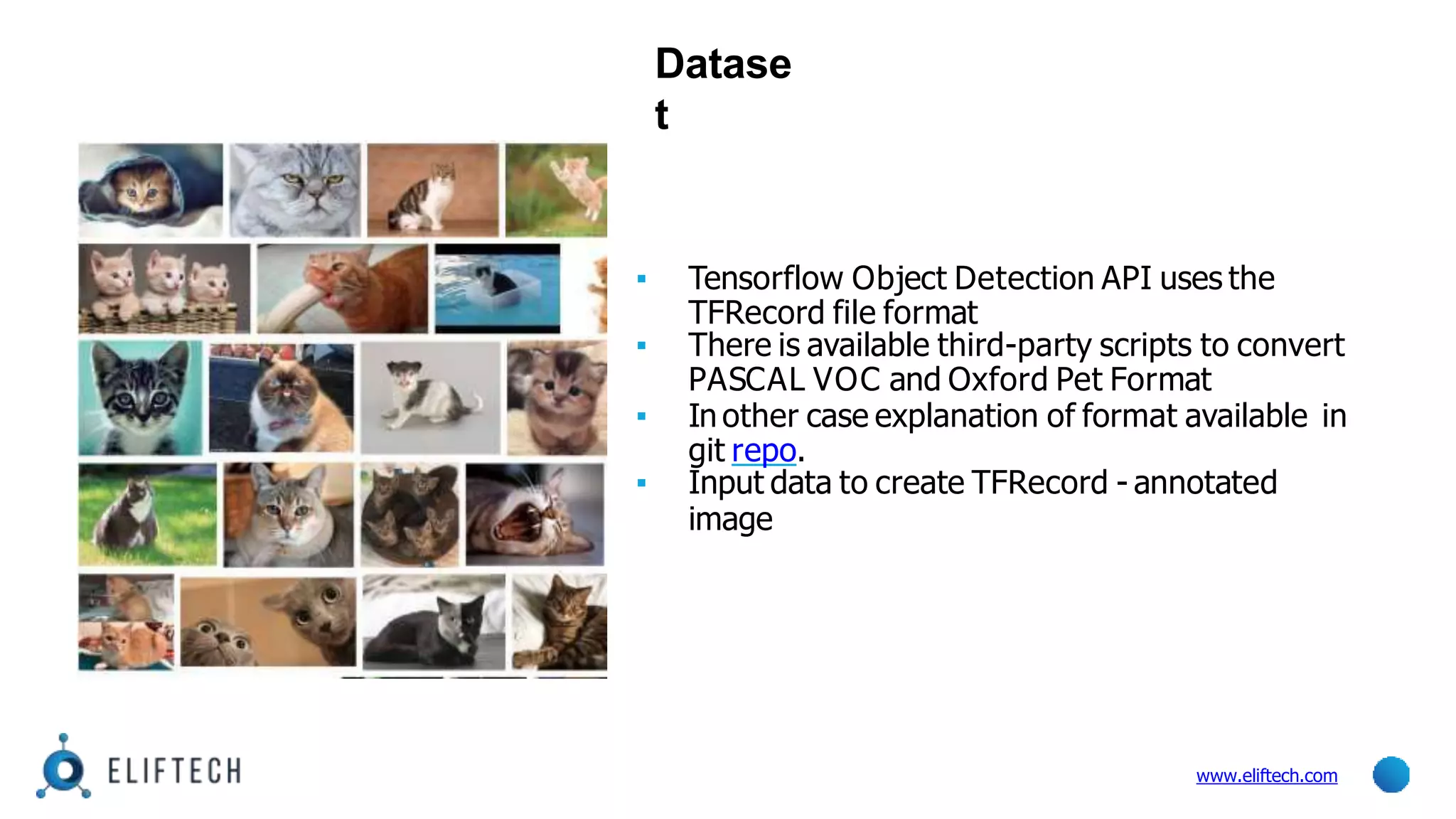 Datase
t
▪ Tensorflow Object Detection API uses the
TFRecord file format
▪ There is available third-party scripts to convert
PASCAL VOC and Oxford Pet Format
▪ In other case explanation of format available in
git repo.
▪ Input data to create TFRecord - annotated
image
www.eliftech.com
 