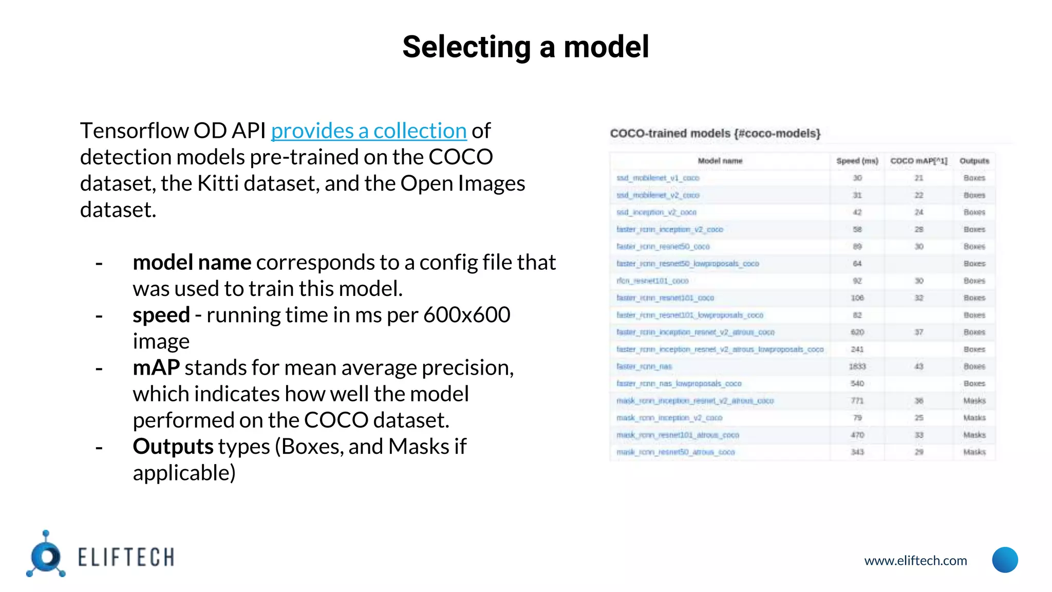www.eliftech.com
Selecting a model
Tensorflow OD API provides a collection of
detection models pre-trained on the COCO
dataset, the Kitti dataset, and the Open Images
dataset.
- model name corresponds to a config file that
was used to train this model.
- speed - running time in ms per 600x600
image
- mAP stands for mean average precision,
which indicates how well the model
performed on the COCO dataset.
- Outputs types (Boxes, and Masks if
applicable)
 