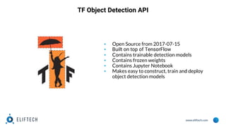 www.eliftech.com
TF Object Detection API
▪ Open Source from 2017-07-15
▪ Built on top of TensorFlow
▪ Contains trainable detection models
▪ Contains frozen weights
▪ Contains Jupyter Notebook
▪ Makes easy to construct, train and deploy
object detection models
 