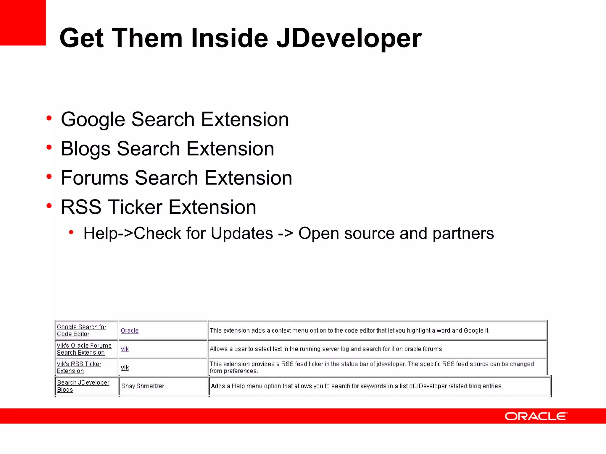 Get Them Inside JDeveloper Google Search Extension Blogs Search Extension Forums Search Extension RSS Ticker Extension Help->Check for Updates -> Open source and partners 