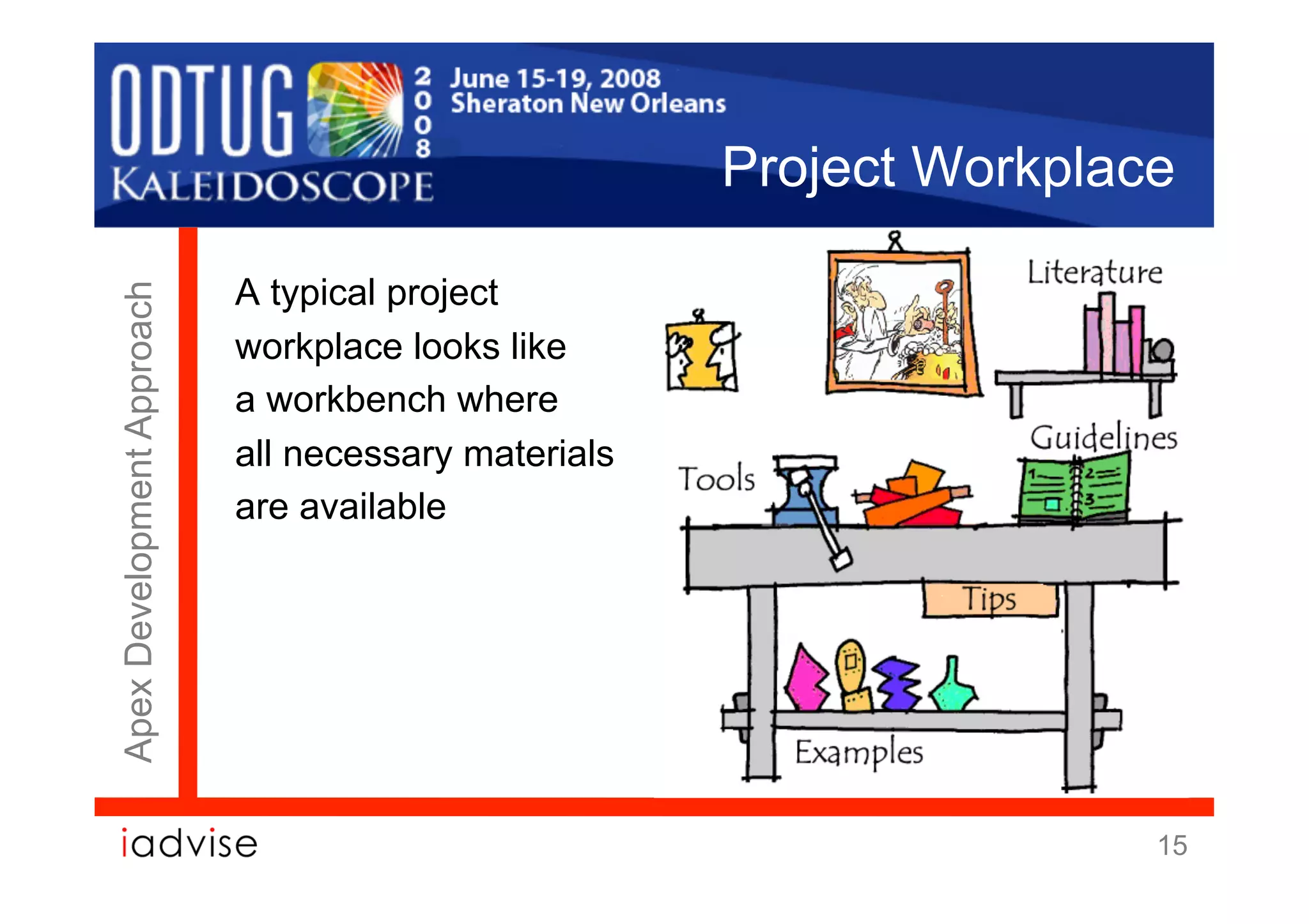 Project Workplace

                            A typical project
Apex Development Approach




                            workplace looks like
                            a workbench where
                            all necessary materials
                            are available




                                                                      15
 