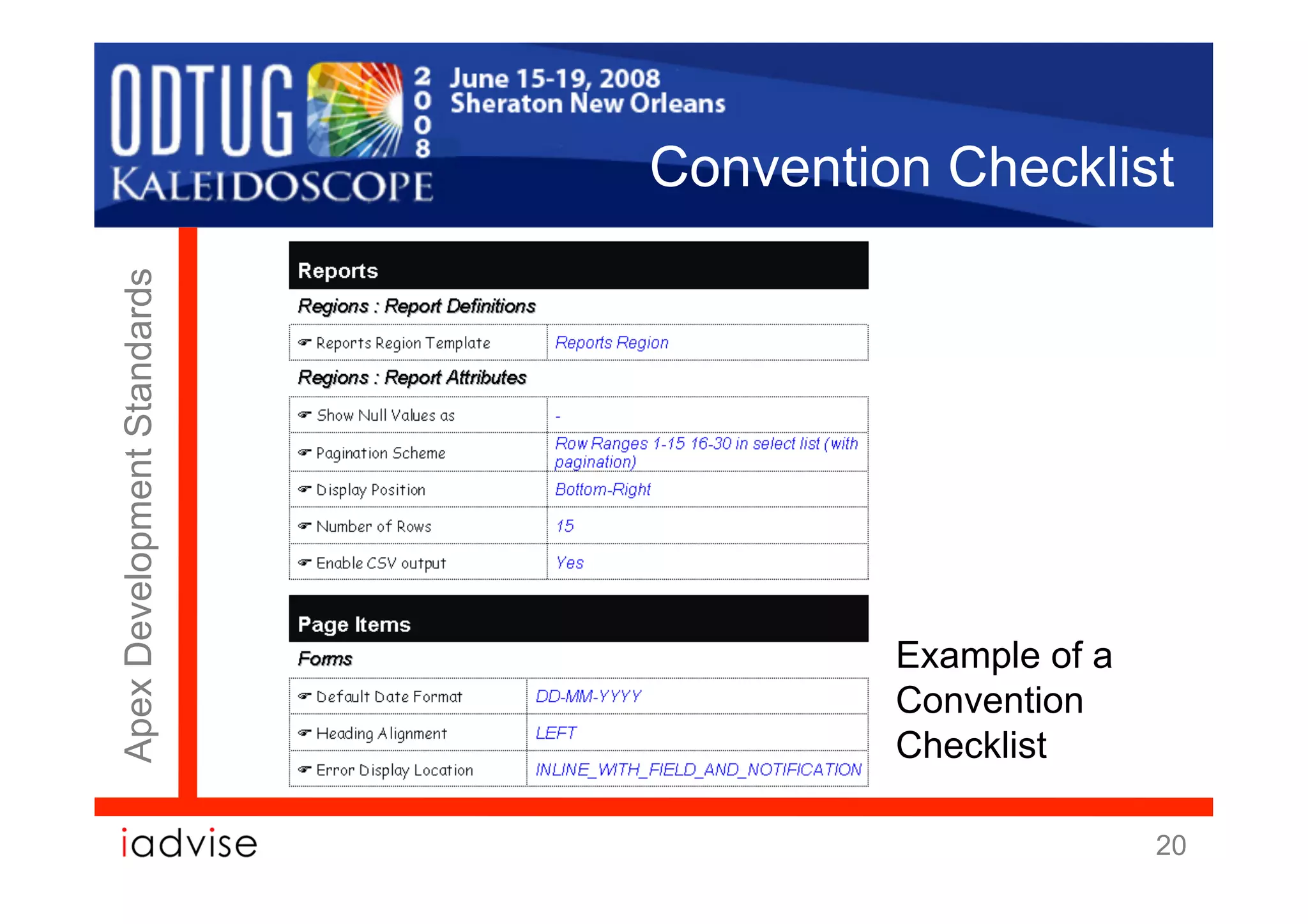 Convention Checklist
Apex Development Standards




                                      Example of a
                                      Convention
                                      Checklist

                                                     20
 