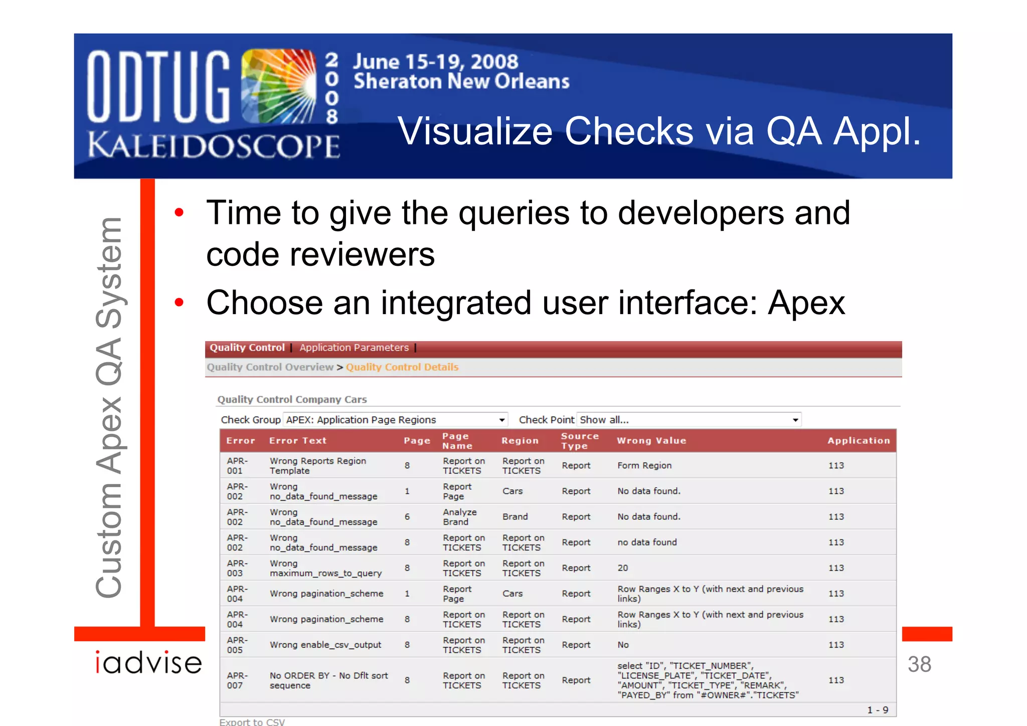 Visualize Checks via QA Appl.

                        •  Time to give the queries to developers and
Custom Apex QA System



                           code reviewers
                        •  Choose an integrated user interface: Apex




                                                                        38
 