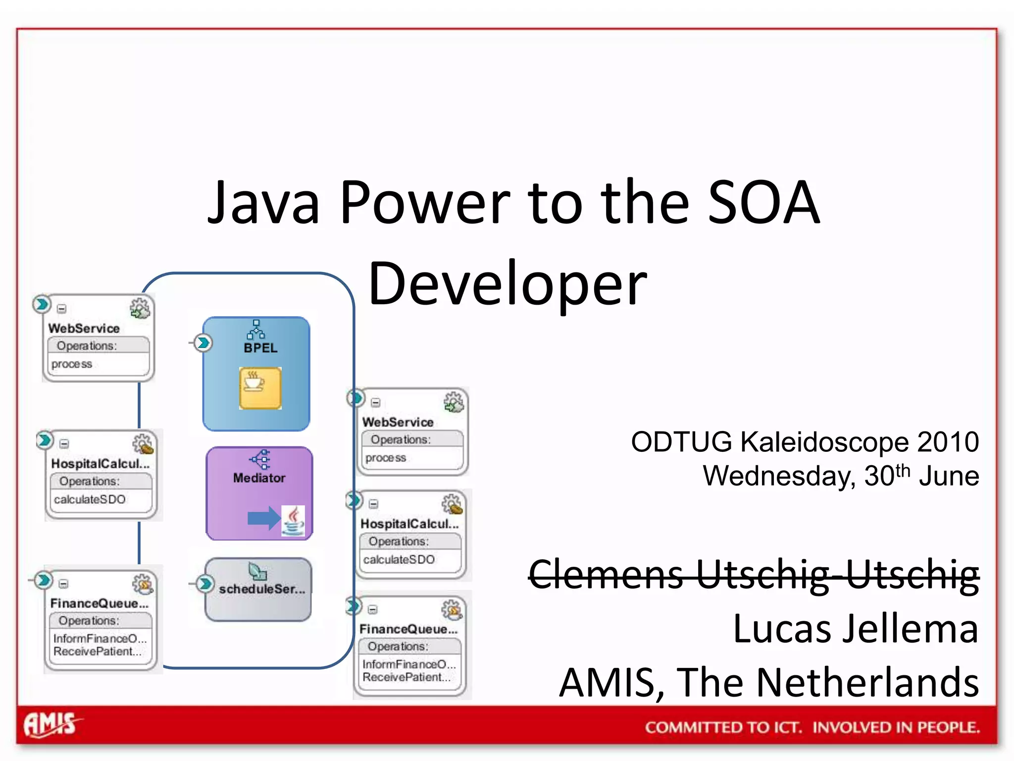 Java Power to the SOA DeveloperODTUG Kaleidoscope 2010Wednesday, 30th JuneClemens Utschig-UtschigLucas Jellema AMIS, The Netherlands