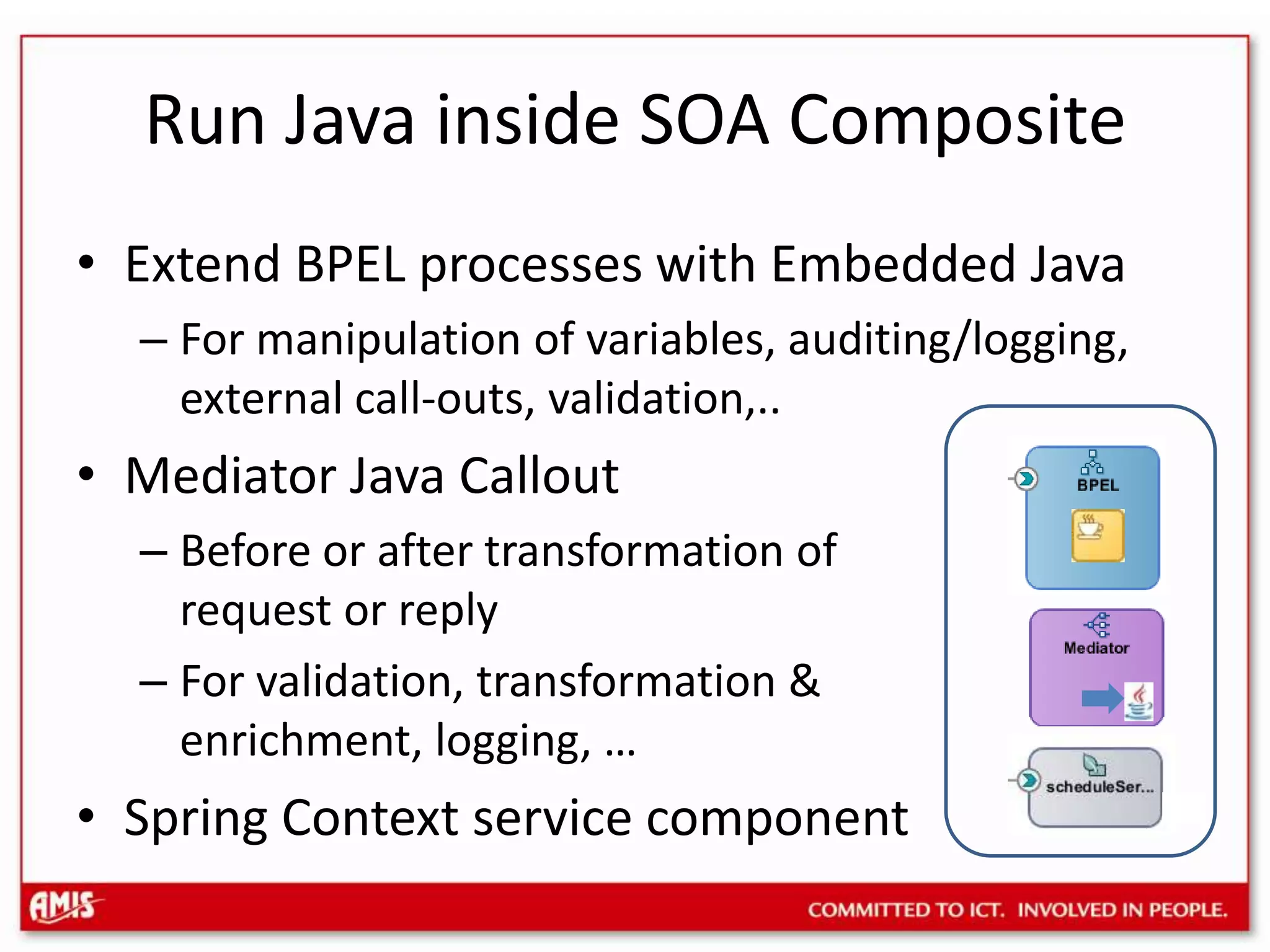 Run Java inside SOA CompositeExtend BPEL processes with Embedded JavaFor manipulation of variables, auditing/logging,external call-outs, validation,..Mediator Java CalloutBefore or after transformation ofrequest or replyFor validation, transformation & enrichment, logging, …Spring Context service component