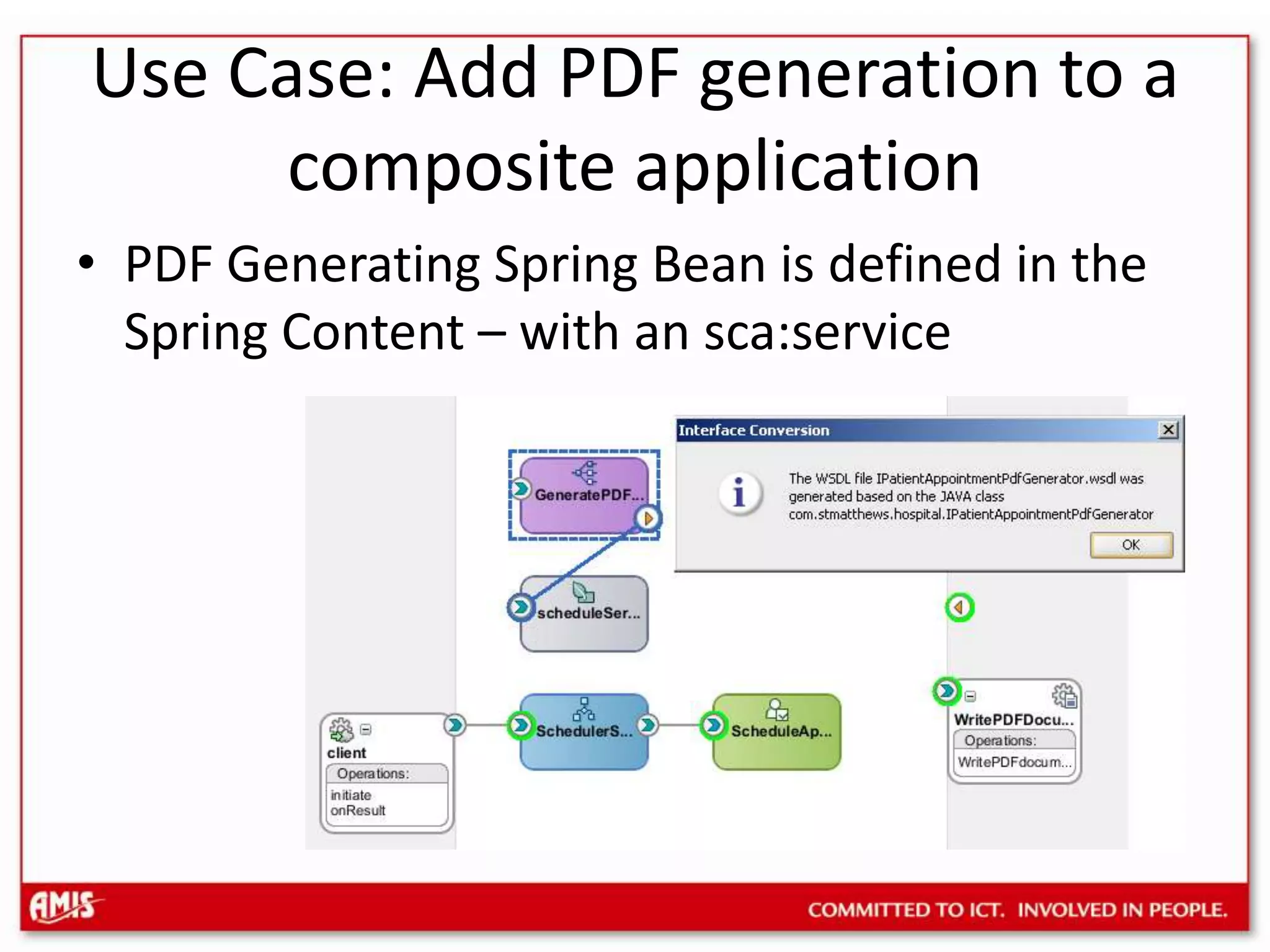 Use Case: Add PDF generation to a composite applicationPDF Generating Spring Bean is defined in the Spring Content – with an sca:service