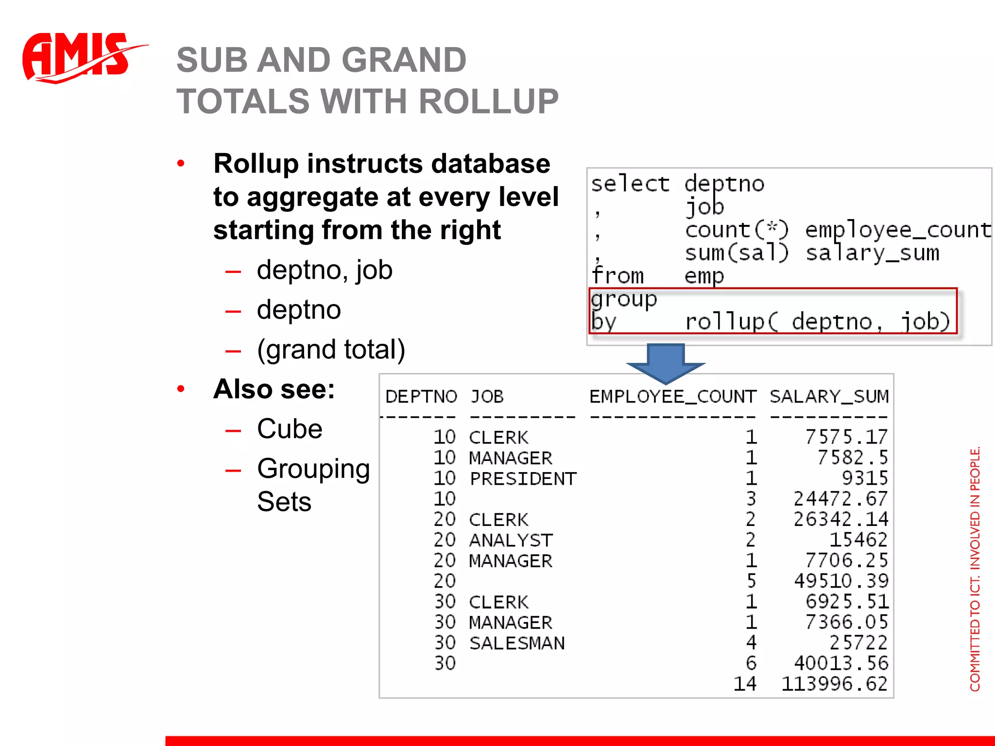 Aggregation & RollupData for reporting purposes can be prepared by database queriesIncluding aggregations(max/min/avg/count/sum)and Sub Totals and Grand Totaland String Aggregation