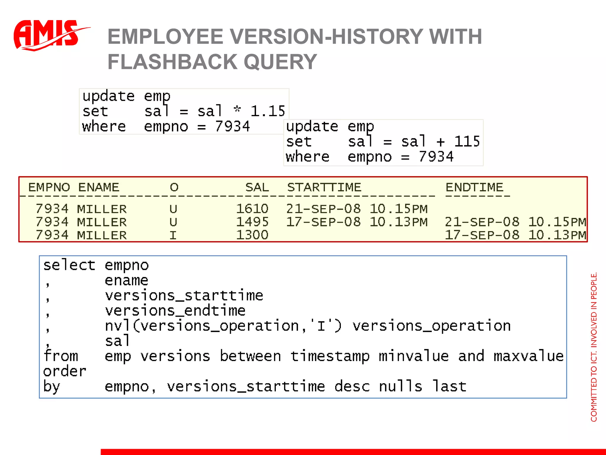 Flashback Queryselect emp.*,      dept.dnamefrom   emp AS OF TIMESTAMP                  (SYSTIMESTAMP - INTERVAL '1' DAY) ,      deptwhere  emp.deptno = dept.deptno