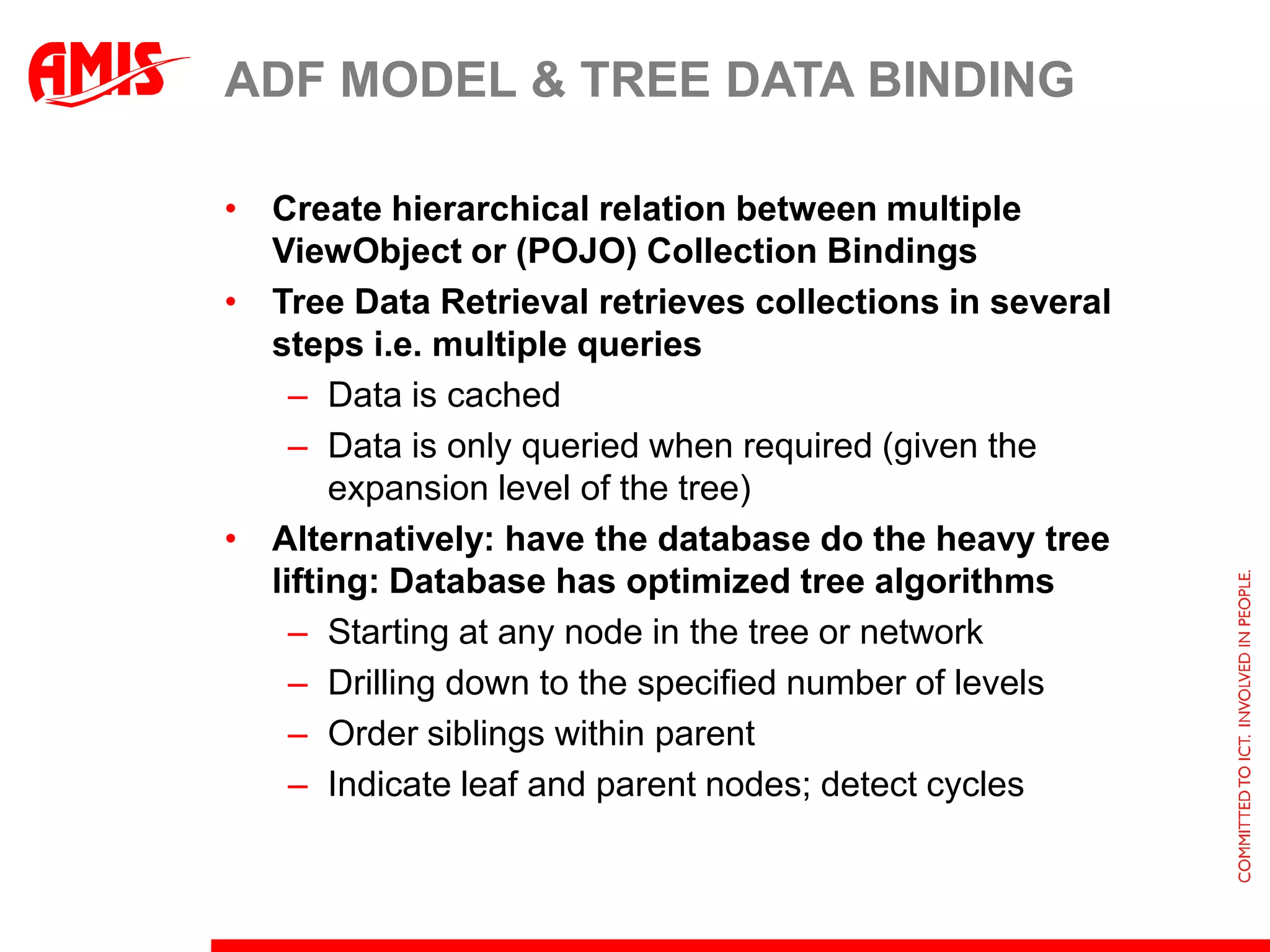 Embedding Historic Data in ADF ApplicationWhere Clause in (read only) ViewObject can include FLASHBACK operatorsAS OF and VERSIONS BETWEENBind parameters can be used to set the point in time or the historic time intervalA time selector can be used to visually set the intervalScalar subqueries can be used for ‘in line comparison to a certain point in time’“How much higher/lower is the salary than at the selected date?”