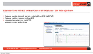 T : +44 (0) 8446 697 995 E : enquiries@rittmanmead.com W: www.rittmanmead.com
Essbase and OBIEE within Oracle BI Domain - EM Management
•Essbase can be stopped, started, restarted from EM via OPMN
•Essbase metrics reported on from EM
•Integrated security tools via OPSS
application roles and policies
Wednesday, 26 June 13
 