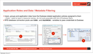 T : +44 (0) 8446 697 995 E : enquiries@rittmanmead.com W: www.rittmanmead.com
Application Roles and Data / Metadata Filtering
•Users, groups and application roles have the Essbase-related application policies assigned to them
‣ Note - need to type in resource names, do not auto-populate with list of Essbase filters
•RPD database connection pools use USER: and PASSWORD: variables to pass credentials to Essbase
3
4
5
Wednesday, 26 June 13
 