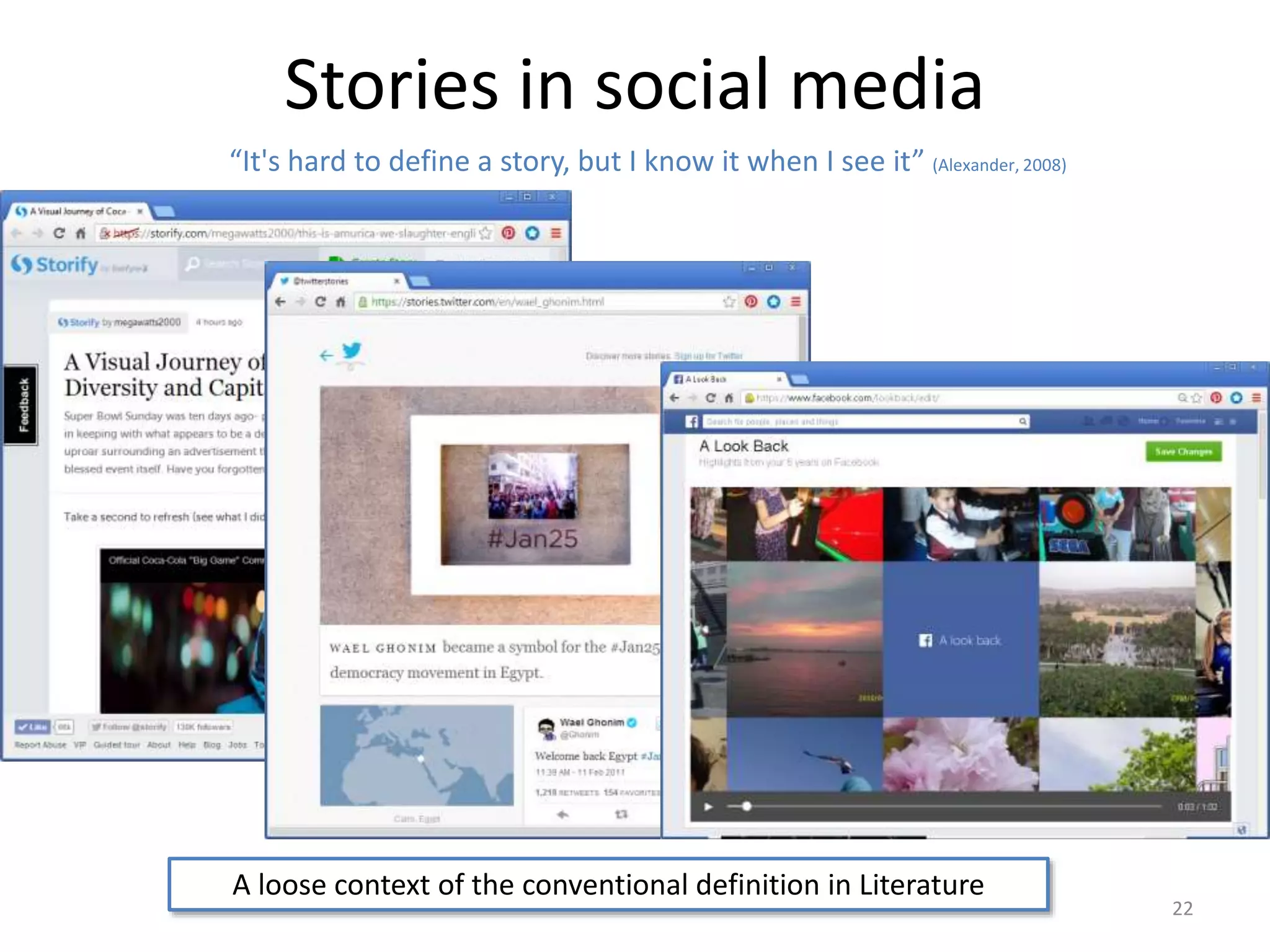 Stories in social media
22
“It's hard to define a story, but I know it when I see it” (Alexander, 2008)
A loose context of the conventional definition in Literature