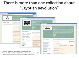 There is more than one collection about
“Egyptian Revolution”
10
• “2010-2011 Arab Spring” https://archive-it.org/collections/3101
• “North Africa & the Middle East 2011-2013” https://archive-it.org/collections/2349
• “Egypt Revolution and Politics” https://archive-it.org/collections/2358
 