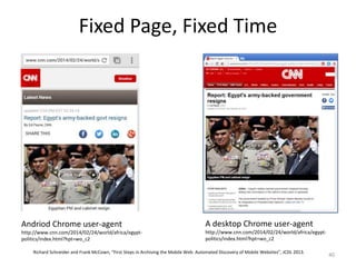 Fixed Page, Fixed Time
40
A desktop Chrome user-agent
http://www.cnn.com/2014/02/24/world/africa/egypt-
politics/index.html?hpt=wo_c2
Andriod Chrome user-agent
http://www.cnn.com/2014/02/24/world/africa/egypt-
politics/index.html?hpt=wo_c2
Richard Schneider and Frank McCown, “First Steps in Archiving the Mobile Web: Automated Discovery of Mobile Websites”, JCDL 2013.
 
