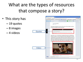 What are the types of resources
that compose a story?
• This story has
– 19 quotes
– 8 images
– 4 videos
64
Quotes
Video
 