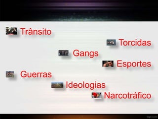 Trânsito
Torcidas
Gangs
Esportes
Guerras
Ideologias
Narcotráfico
 
