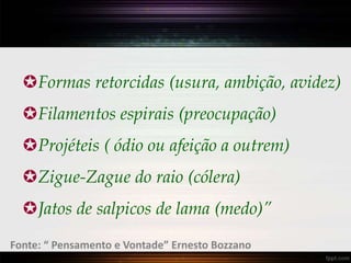 Formas retorcidas (usura, ambição, avidez)
Filamentos espirais (preocupação)
Projéteis ( ódio ou afeição a outrem)
Zigue-Zague do raio (cólera)
Jatos de salpicos de lama (medo)”
Fonte: “ Pensamento e Vontade” Ernesto Bozzano
 