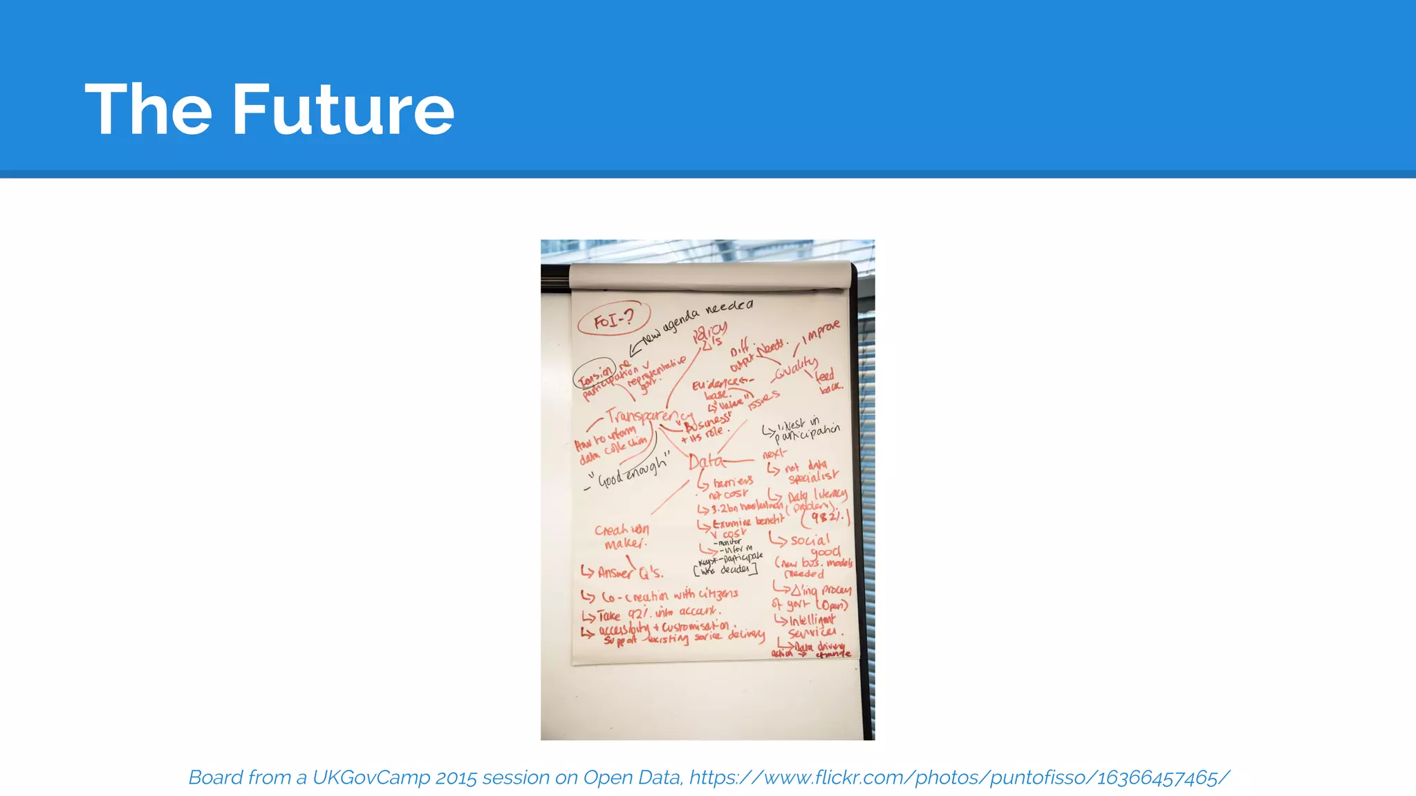 The Future
Board from a UKGovCamp 2015 session on Open Data, https://www.flickr.com/photos/puntofisso/16366457465/
 
