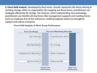 2. Force-field analysis, developed by Kurt Lewin, visually represents the forces driving or
resisting change within an organization. By mapping out these forces, practitioners can
strategize effectively for change. For instance, when implementing new technology,
practitioners can identify driving forces (like management support) and resisting forces
(such as employee fear of the unknown), enabling targeted actions to strengthen
support and reduce resistance.
 