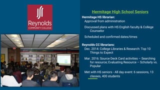 Hermitage High School Seniors
Hermitage HS librarian:
Approval from administration
Discussed plans with HS English faculty & College
Counselor
Scheduled and confirmed dates/times
Reynolds CC librarians:
Dec. 2014: College Libraries & Research: Top 10
Things to Expect
Mar. 2016: Source Deck Card activities – Searching
for resource; Evaluating Resource – Scholarly vs.
Popular
Met with HS seniors - All day event: 6 sessions, 13
classes, 400 students
 