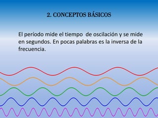 2. CONCEPTOS BÁSICOS
El período mide el tiempo de oscilación y se mide
en segundos. En pocas palabras es la inversa de la
frecuencia.
 