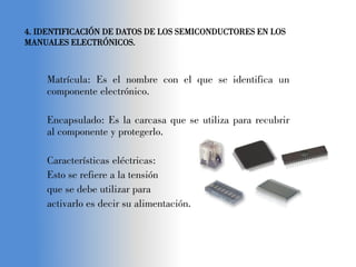 4. IDENTIFICACIÓN DE DATOS DE LOS SEMICONDUCTORES EN LOS
MANUALES ELECTRÓNICOS.
Matrícula: Es el nombre con el que se identifica un
componente electrónico.
Encapsulado: Es la carcasa que se utiliza para recubrir
al componente y protegerlo.
Características eléctricas:
Esto se refiere a la tensión
que se debe utilizar para
activarlo es decir su alimentación.
 