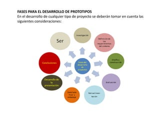 FASES PARA EL DESARROLLO DE PROTOTIPOS
En el desarrollo de cualquier tipo de proyecto se deberán tomar en cuenta las
siguientes consideraciones:
 