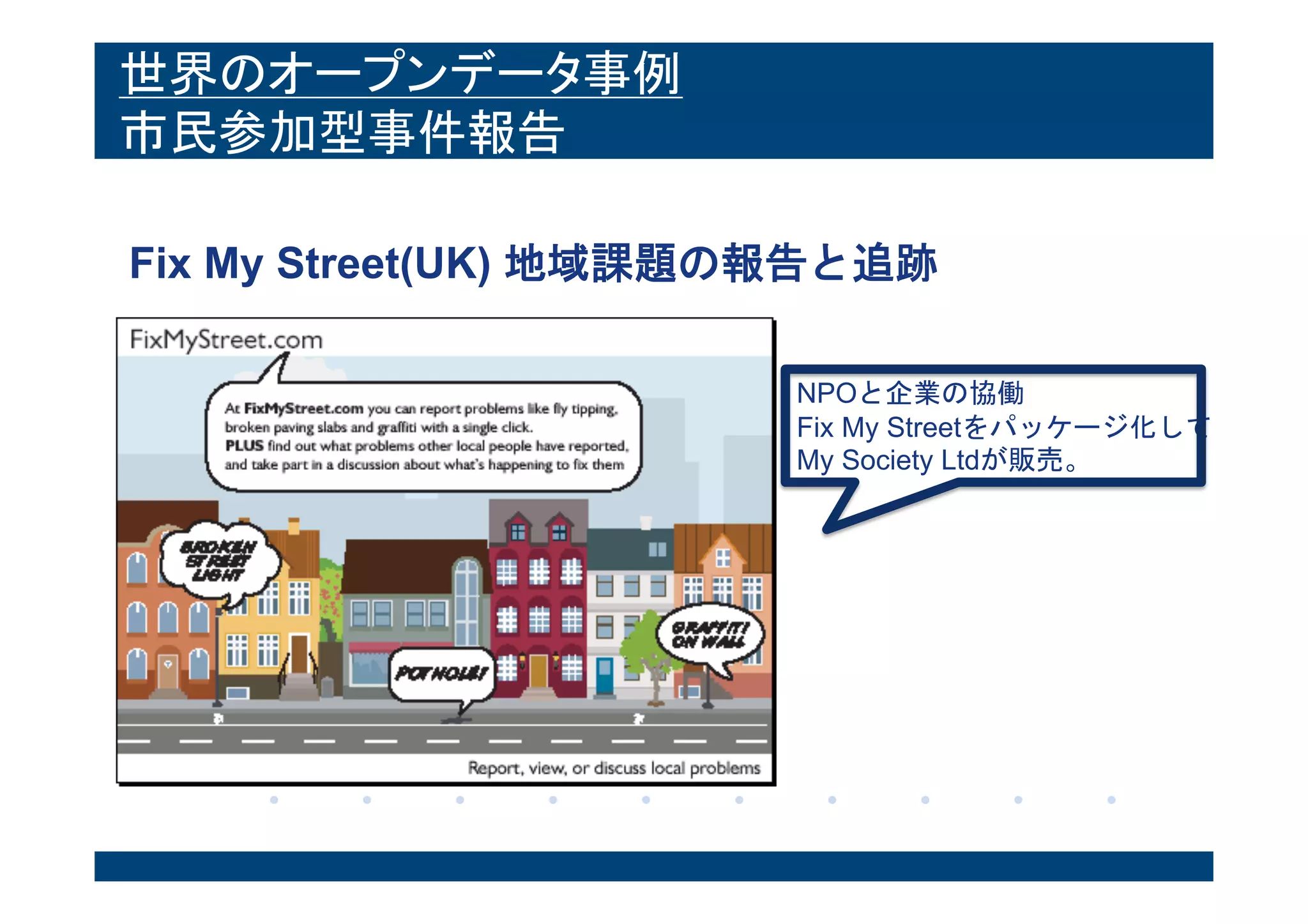 世界のオープンデータ事例
市民参加型事件報告
Fix My Street(UK) 地域課題の報告と追跡
NPOと企業の協働
Fix My Streetをパッケージ化して
My Society Ltdが販売。
 