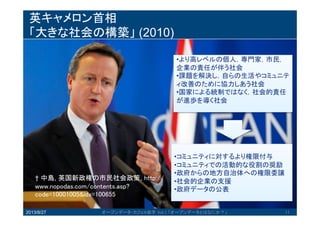 英キャメロン首相
「大きな社会の構築」 (2010)
2013/8/27 オープンデータ・カフェ@岩手 Vol.1 「オープンデータとはなにか？」 11
11
•より高レベルの個人，専門家，市民，
企業の責任が伴う社会
•課題を解決し，自らの生活やコミュ
ニティ改善のために協力しあう社会
•国家による統制ではなく，社会的責
任が進歩を導く社会
•コミュニティに対するより権限付与
•コミュニティでの活動的な役割の奨
励
•政府からの地方自治体への権限委譲
•社会的企業の支援
•政府データの公表
† 中島, 英国新政権の市民社会政策,
http://www.nopodas.com/contents.asp?cod
e=10001005&idx=100655
 