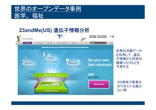 世界のオープンデータ事例
医学、福祉
23andMe(US) 遺伝子情報分析
世界の治験デー
タ
を利用して，遺
伝子情報から将
来の健康リスク
などを予測する
OD単体で事業化
ができている数
尐ない例
 