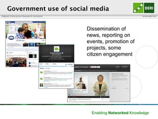 Digital Enterprise Research Institute www.deri.ie
Enabling Networked Knowledge
Government use of social media
Dissemination of
news, reporting on
events, promotion of
projects, some
citizen engagement
 