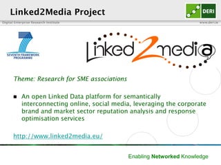 Digital Enterprise Research Institute www.deri.ie
Enabling Networked Knowledge
Linked2Media Project
Theme: Research for SME associations
 An open Linked Data platform for semantically interconnecting
online, social media, leveraging the corporate brand and market
sector reputation analysis and response optimisation services
http://www.linked2media.eu/
 