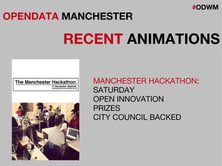 #ODWM
OPENDATA MANCHESTER
RECENT ANIMATIONS
MANCHESTER HACKATHON:
SATURDAY
OPEN INNOVATION
PRIZES
CITY COUNCIL BACKED
 