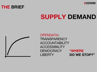 #ODWM
THE BRIEF
SUPPLY DEMAND
OPENDATA:
TRANSPARENCY
ACCOUNTABILITY
ACCESSIBILITY
DEMOCRACY
LIBERTY
“WHERE
DO WE STOP?”
 