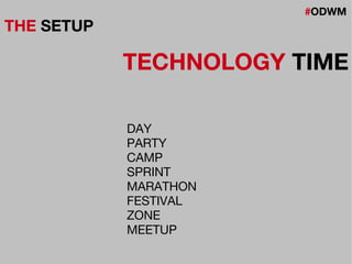 #ODWM
THE SETUP
TECHNOLOGY TIME
DAY
PARTY
CAMP
SPRINT
MARATHON
FESTIVAL
ZONE
MEETUP
 