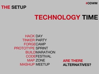 #ODWM
THE SETUP
TECHNOLOGY TIME
DAY
PARTY
CAMP
SPRINT
MARATHON
FESTIVAL
ZONE
MEETUP
HACK
TINKER
FORGE
PROTOTYPE
BUILD
CODE
MAP
MASHUP
ARE THERE
ALTERNATIVES?
 
