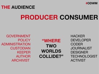 #ODWM
THE AUDIENCE
PRODUCER CONSUMER
GOVERNMENT
POLICY
ADMINISTRATION
CUSTODIAN
KEEPER
AUTHOR
ARCHIVIST
HACKER
DEVELOPER
CODER
JOURNALIST
DESIGNER
TECHNOLOGIST
ACTIVIST
“WHERE
TWO
WORLDS
COLLIDE?”
 