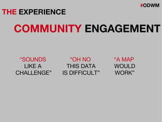 #ODWM
THE EXPERIENCE
COMMUNITY ENGAGEMENT
“OH NO
THIS DATA
IS DIFFICULT”
“SOUNDS
LIKE A
CHALLENGE”
“A MAP
WOULD
WORK”
 