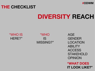 #ODWM
THE CHECKLIST
DIVERSITY REACH
“WHO IS
HERE?”
“WHO
IS
MISSING?”
AGE
GENDER
LOCATION
ABILITY
ACCESS
STAKEHOLD
OPINION
“WHAT DOES
IT LOOK LIKE?”
 