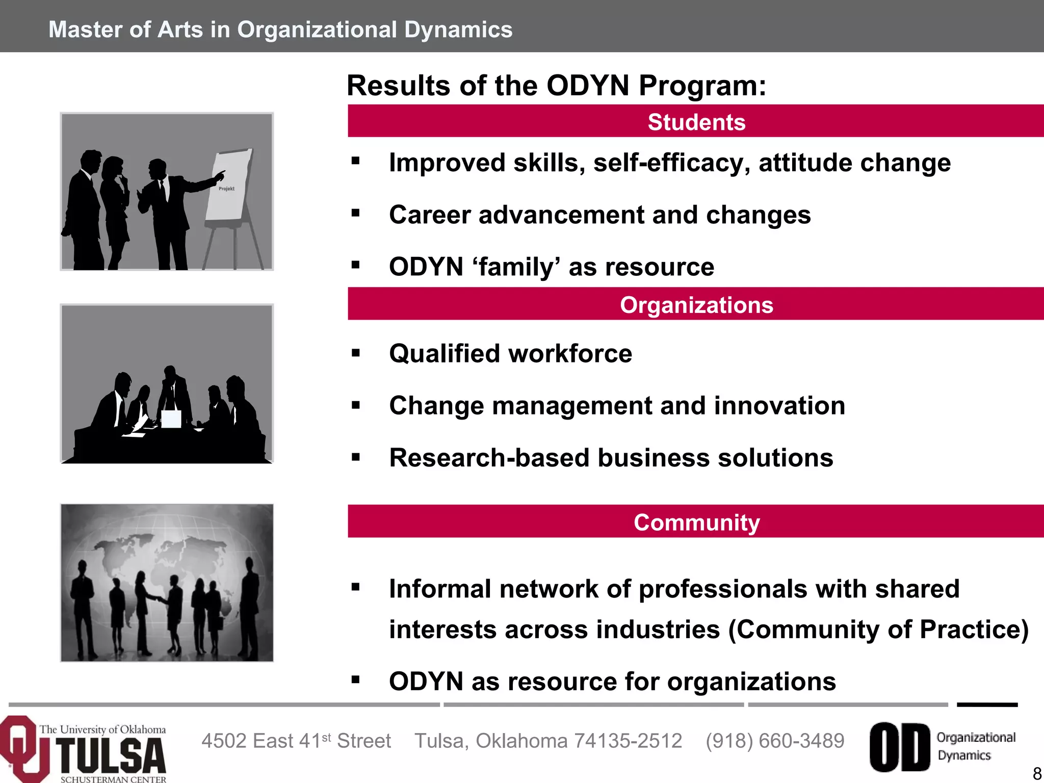 Qualified workforce  Change management and innovation Research-based business solutions Improved skills, self-efficacy, attitude change  Career advancement and changes ODYN ‘family’ as resource Informal network of professionals with shared interests across industries (Community of Practice) ODYN as resource for organizations Results of the ODYN Program: Students Organizations Community Projekt 